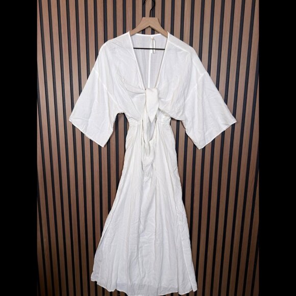Anthropologie Dress Small White Kaftan Maxi Cut Out Front Tie Textured Leg  Slit